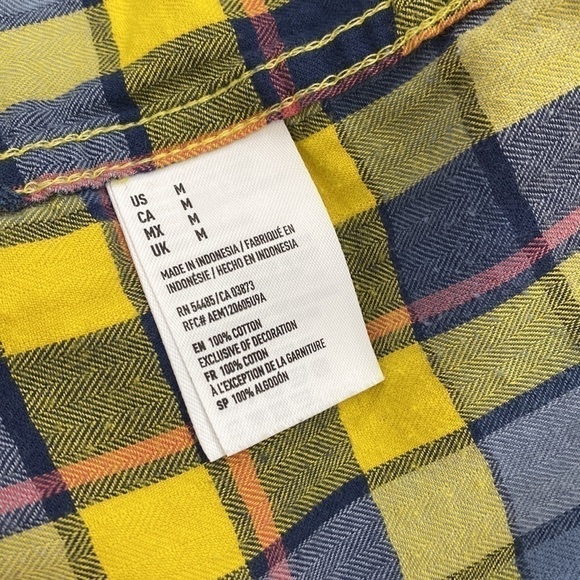 AEO AMERICAN EAGLE Plaid Blue Yellow Flannel Like Snap Front Shirt Fall Winter M - Picture 6 of 7